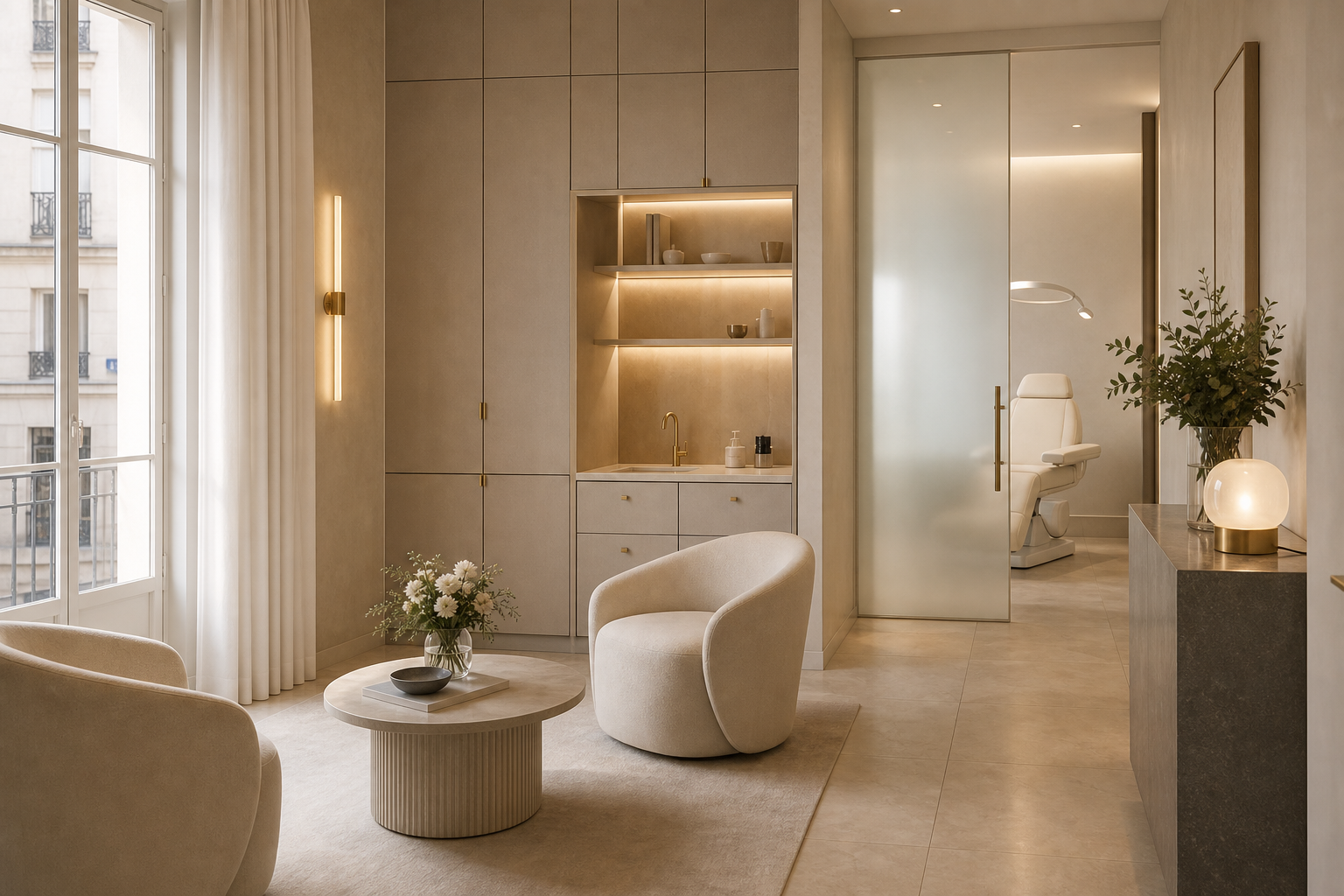 İnsan bulunmayan sıcak ve premium estetik klinik iç mekanı